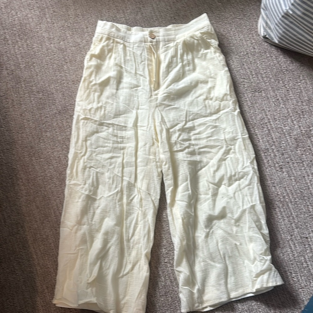 cream white wide leg linen crop pants with liner